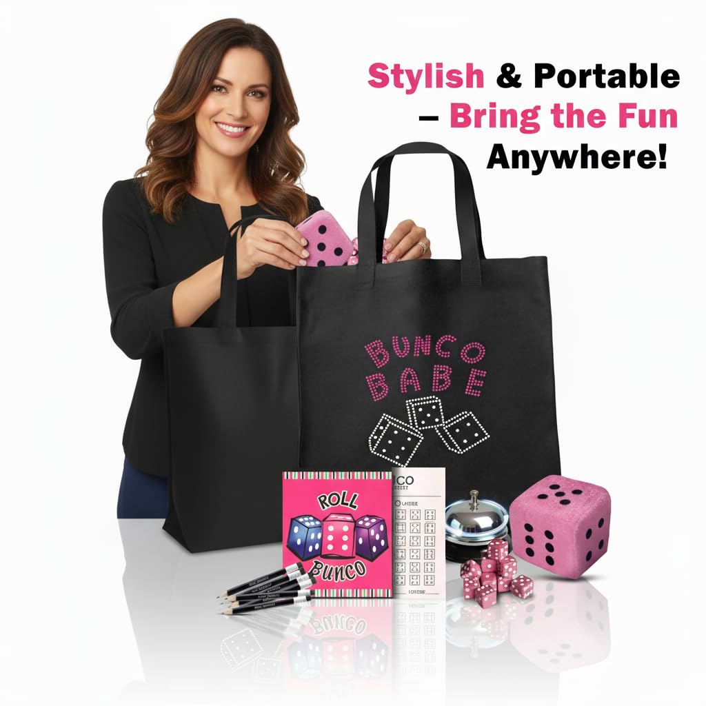 Bunco Babe - Kit de juego con suministros de fiesta para 12 jugadores, bolsa de mano, dados, hojas de puntuación, lápices, campana y dados de peluche. Todos los suministros de fiesta Bunco que 6