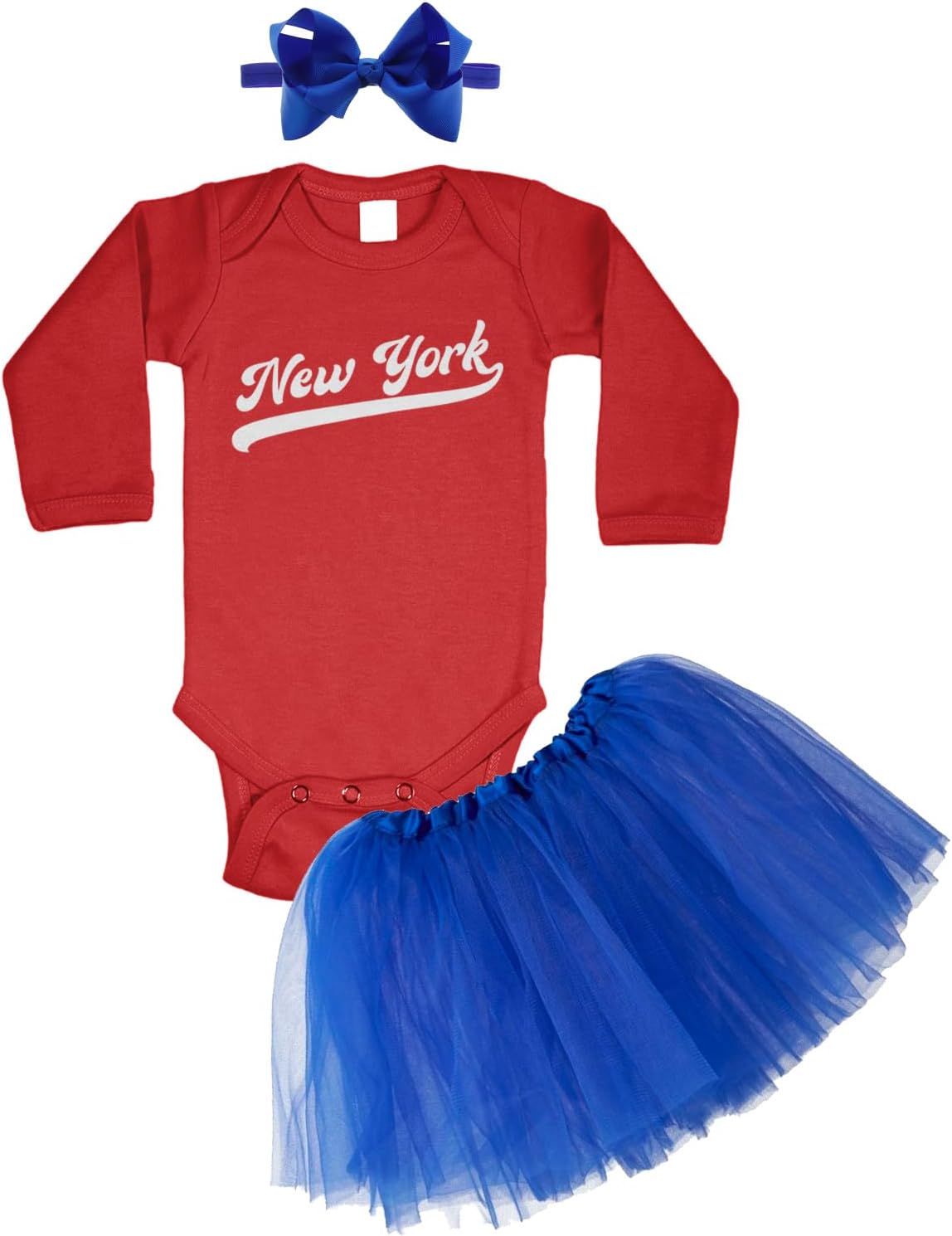New York - Baseball Jersey Style Script Baby Bodysuit + Tutu Skirt + Bow Headband Set