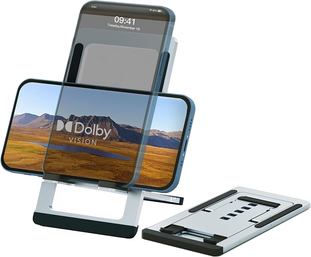 Soporte para teléfono celular plegable de aluminio ajustable para escritorio, portátil, de viaje, accesorios de escritorio de oficina, compatible con iPhone 16, 15, 14, 13, 12, 11 Pro Max X para Samsung Moto Google (plateado)