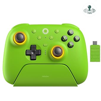 وحدة تحكم لاسلكية 8BitDo Ultimate 2 لنظامي التشغيل Windows وAndroid وSteam Deck وTMR Joysticks ومعدل استطلاع 1000 هرتز ومشغلات لمسية/قاعة وتحكم في الحركة وأزرار مجداف خلفية قابلة للبرمجة ومصدات L4/R4 باللون الأخضر