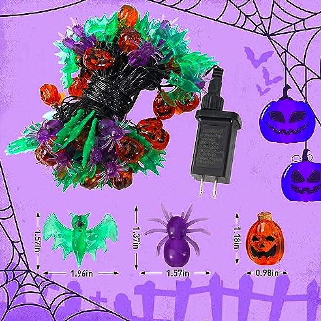 70 LED Pumpkin Bat Spider String Lights - 22.6ft Orange Green Purple Plug in Halloween String Lights with Timing Function, Connectable Lighting for Yard House Party Halloween Decorations
