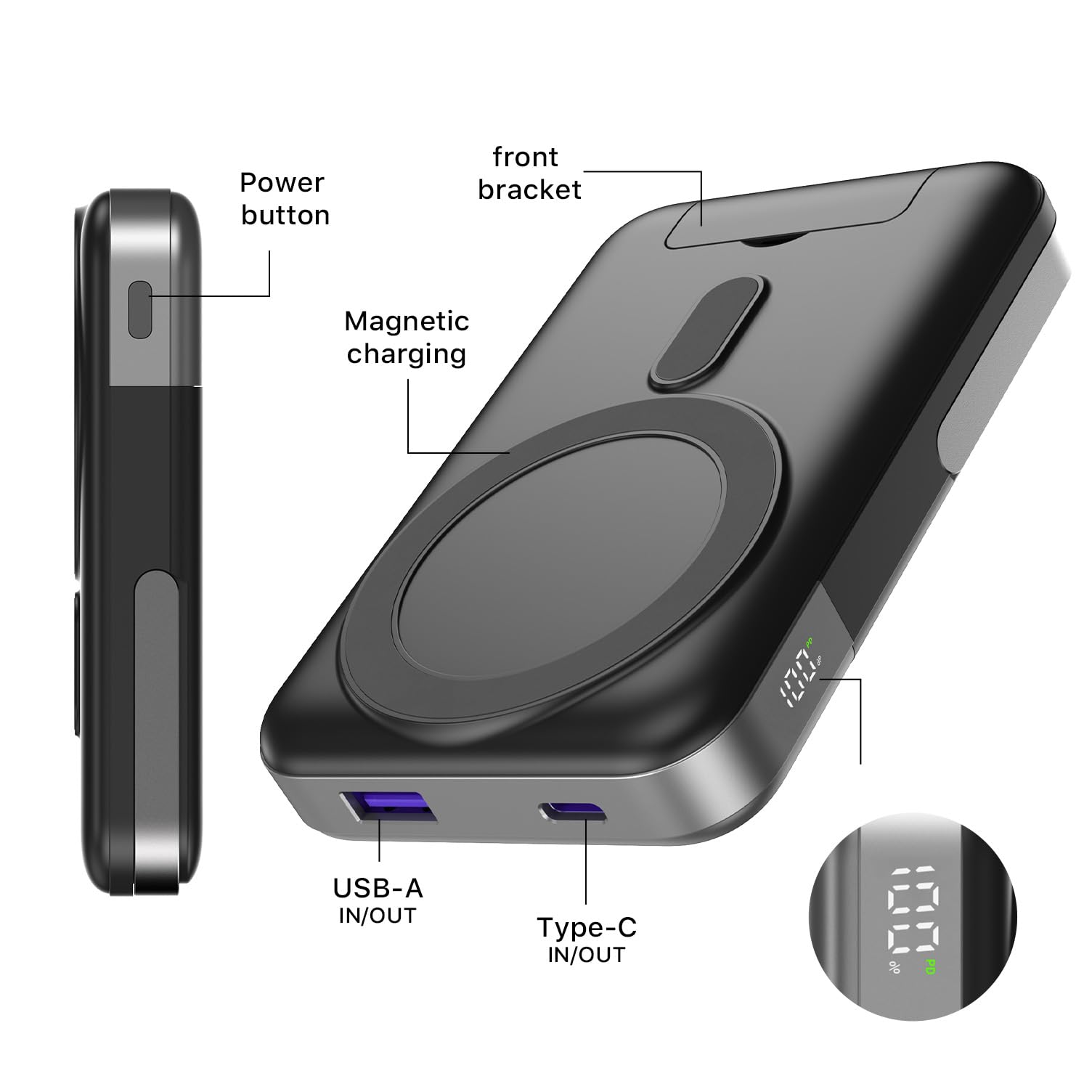 JUOVI Power Bank Magnético, 10000 mAh Cargador Portátil, Batería Externa Carga Rápida PD 22,5 W con Pantalla LED, Bateria Externa Inalámbrica con Soporte para iPhone 15/14/13/12 Series