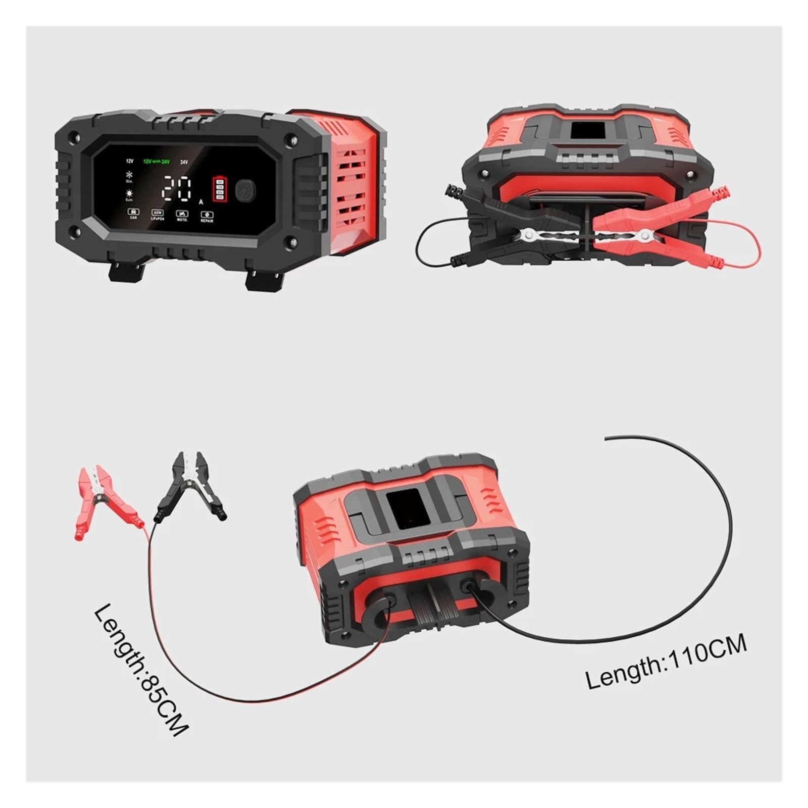 Ładowarka Samochodowa 20A/10A 12V/24V W Pełni Automatyczna Inteligentna 300W/150W Naprawa Impulsowa Do Ładowania AGM GEL MOKRY Kwas Ołowiowy Wydajne Szybkie ładowanie(12V 10A and 24V 5A)