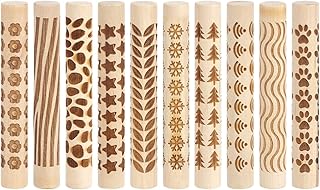 10 Stück Holz Ton Textur Roller Set 10 Stile Textur Werkzeug für Ton Kunst Streifen Stern Schneeflocke Töpfer Muster Stempel für DIY Basteln