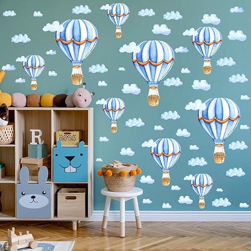 Miniatura 4 de Calcomanías de pared extraíbles para globos de aire caliente grandes, calcomanías de vinilo de nubes azules, autoadhesivos, murales artísticos para