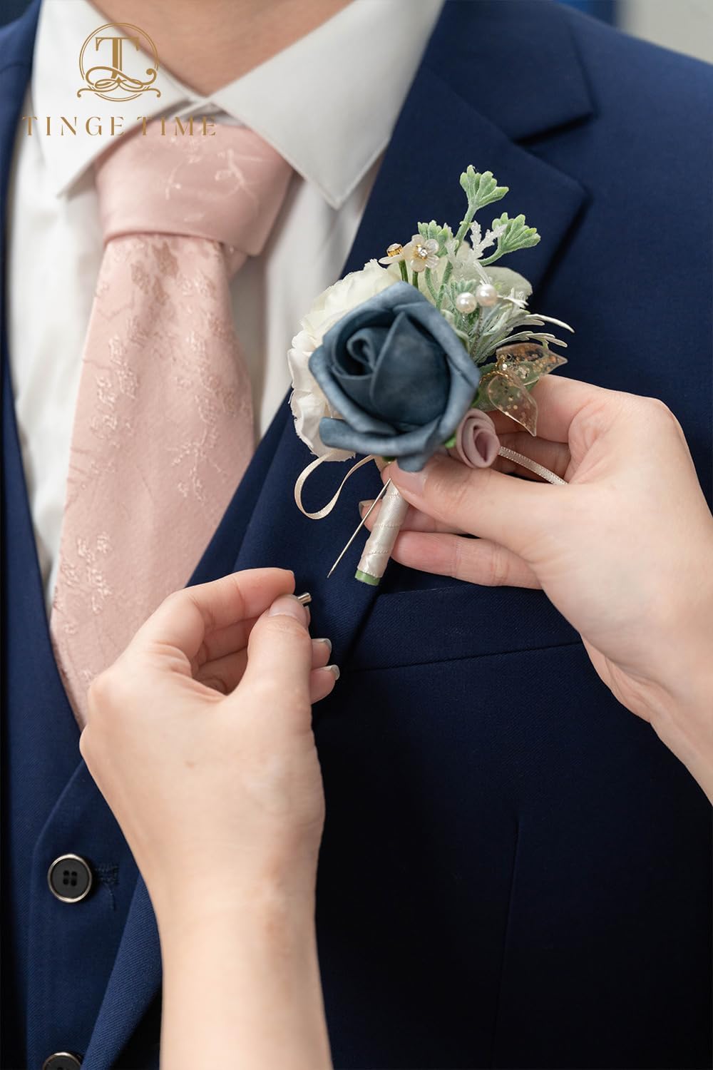 TINGE TIME Artificial Flower Boutonniere, Set of 10, Groom and Groomsmen Boutonniere for Wedding, Prom, Homecoming, Anniversary, Graduation (DustyRose&NavyBlue)
