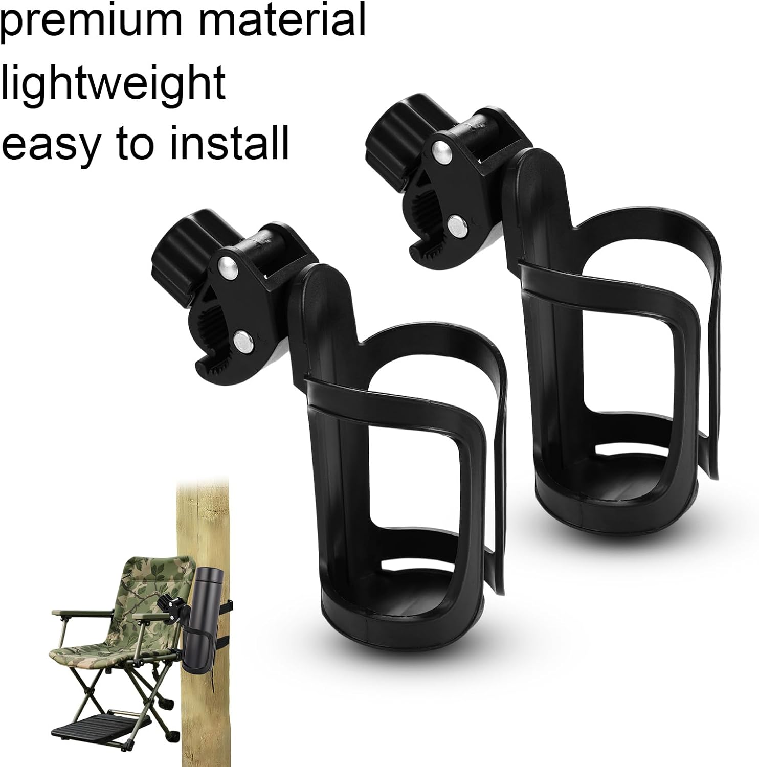 2pcs Tree Stand Cup Holder for Hunting, Easy Clamp on Tree Stand or Climbing Sticks No Drilling 360° Rotation Bottle Holder Essential Hunting Gear Accessories (Black)