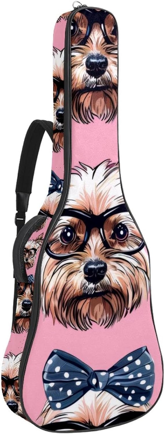 Acoustic Guitar Bag 0.4 Inch Thick Padding Waterproof Guitar Case Gig Bag for 40 41 42 Inch Electric Bass Classical Guitar, Cute Puppy Dogs Wearing Glasses Pink Background