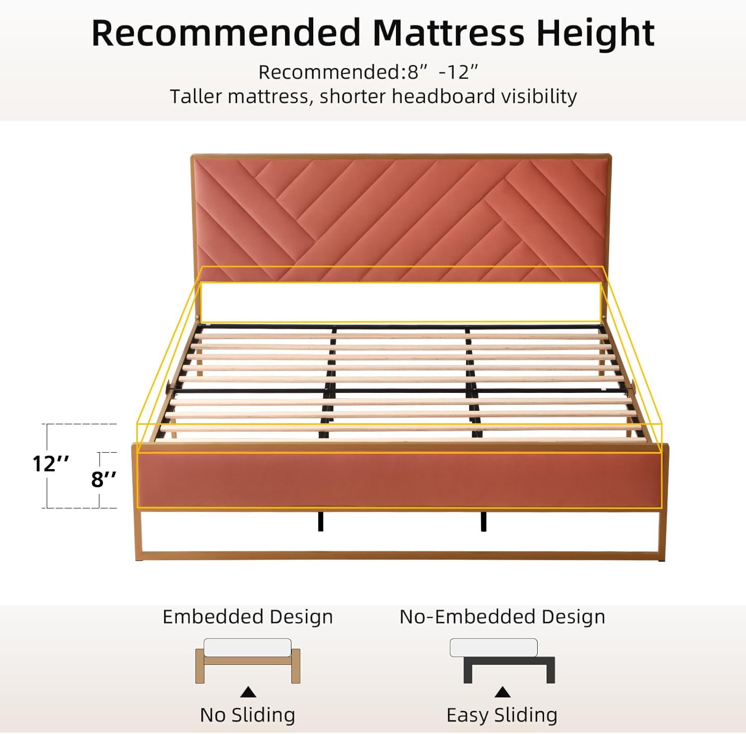 VELOCAVA King Size Velvet Upholstered Bed Frame, Terracotta Red Metal Frame with Padded Headboard, Soft Platform Bed, No Box Spring Needed, Sturdy and Long-Lasting Design, Easy Assembly