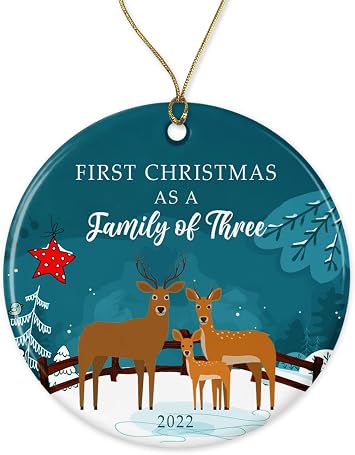 HTDesigns First Christmas As A Family of Three 2022 Christmas Tree Ornament - Woodland Deer Winter Holiday Keepsake Gift for Baby New Parents Printed on One Side