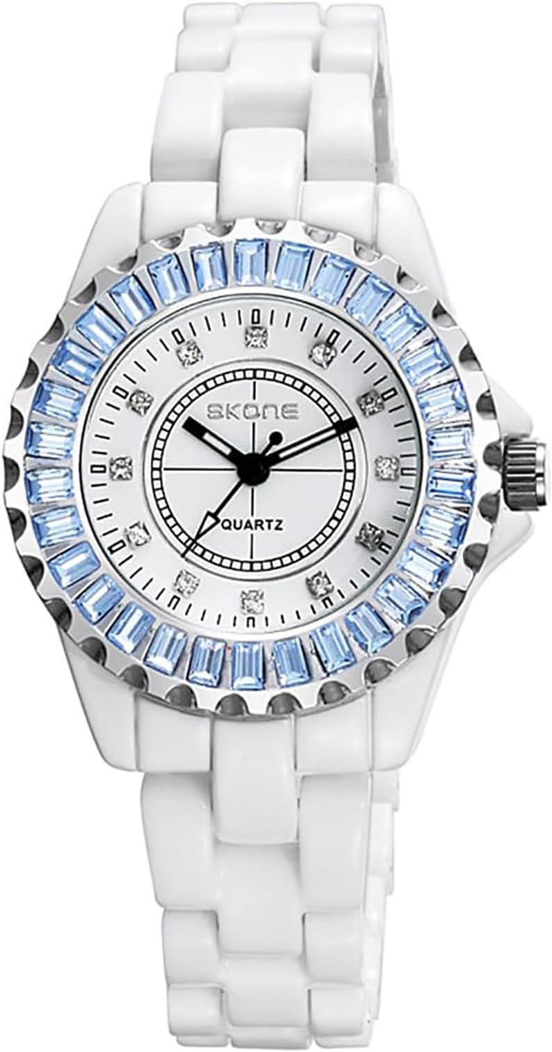Gosasa Womens Luxury Wrist Watch Fashion Rhinestone White Ceramic Watch Casual Lady Nice Dress Watches