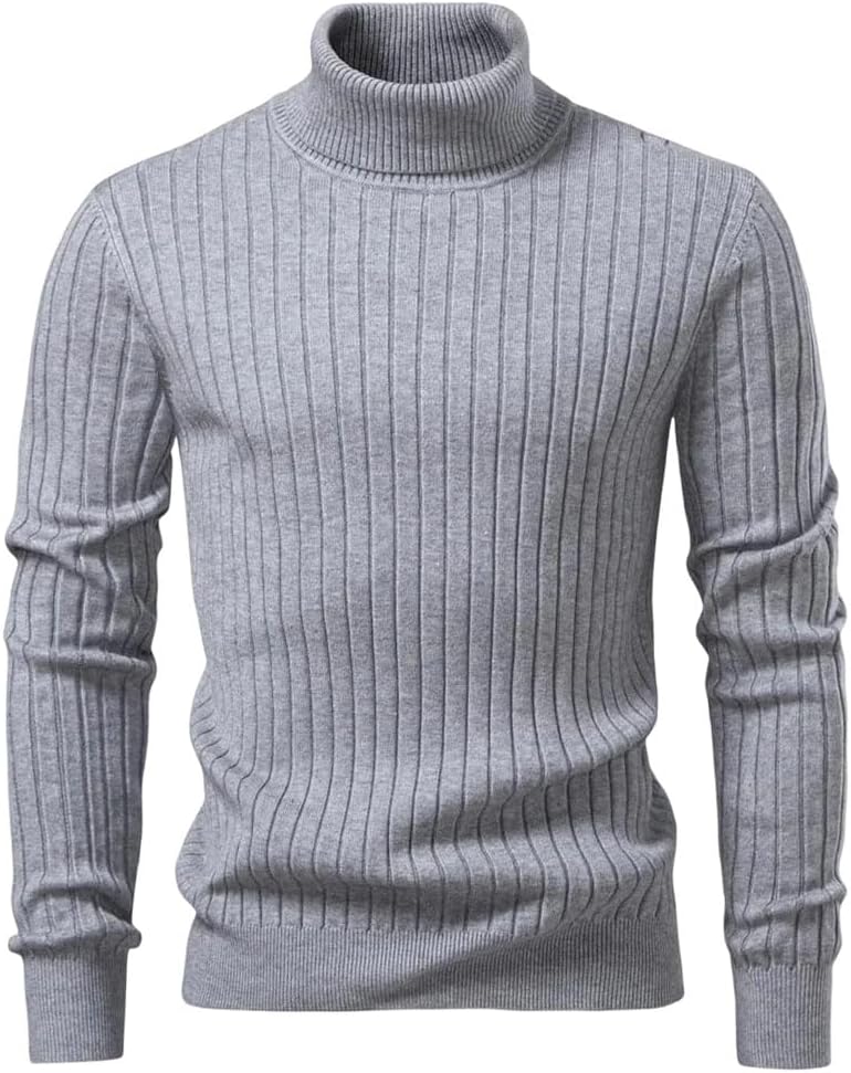 Men's High Neck Sweater Solid Color Striped Pullover Sweater
