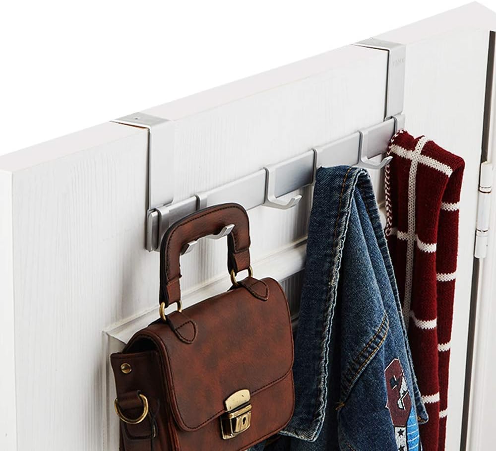YANX Over The Door Hook Hanger, Aluminum Heavy Duty Organizer for Coat, Towel, Bag, Robe etc, 6 Hooks Brush Finish