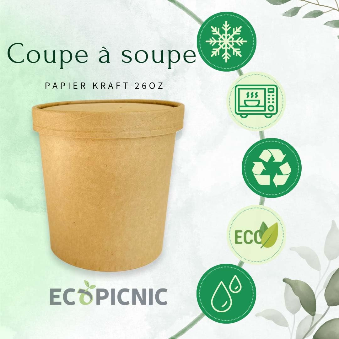 Lot de 50 gobelets à Soupe jetables de 750 ML avec Couvercle en Carton Kraft, gobelets Alimentaires Marron avec revêtement en polyéthylène, Bol à Soupe avec Couvercle