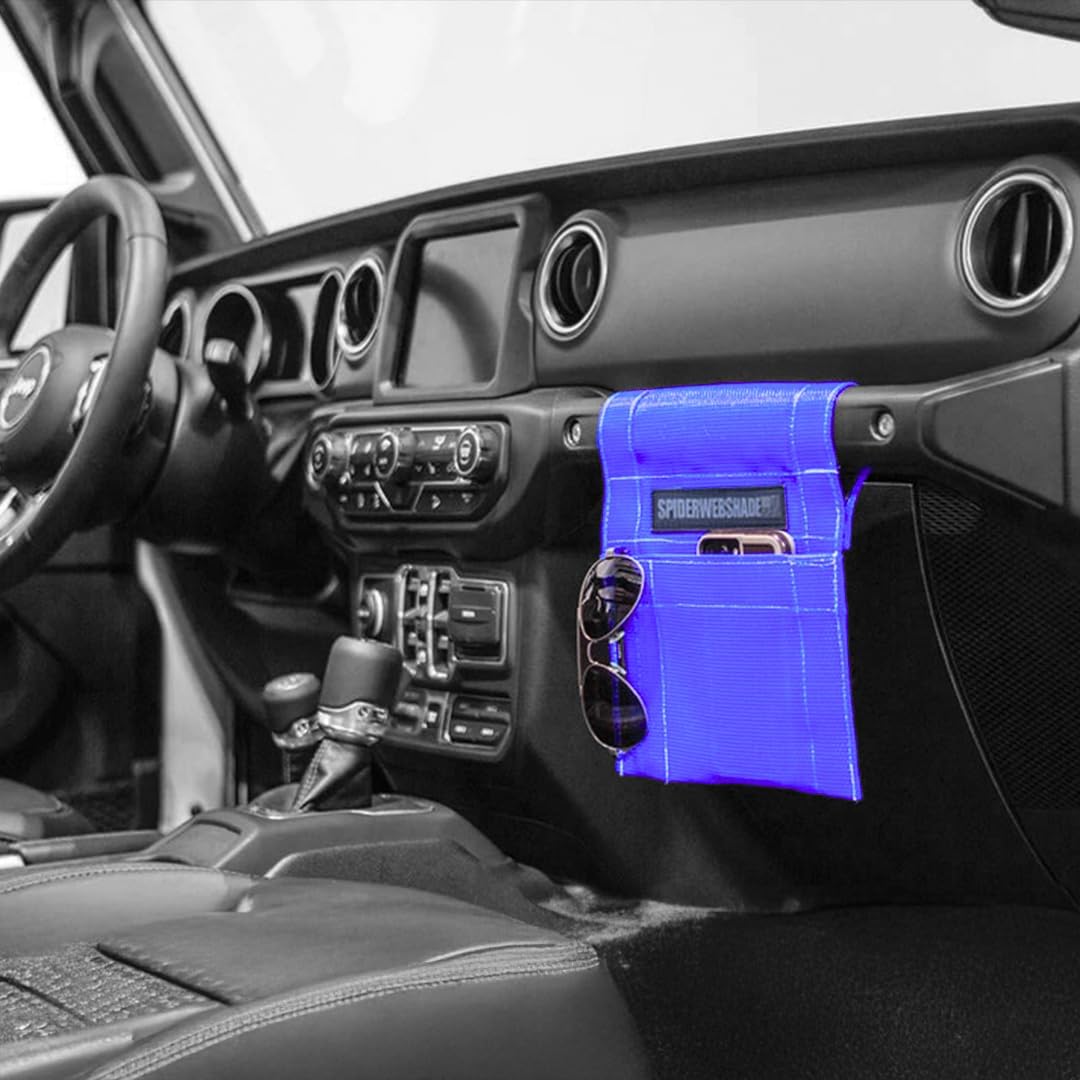 SPIDERWEBSHADE Grab Bag - Front Passenger Seat Grab Bar Multi-Purpose Storage Organizer Bag - For Jeep Wrangler CJ YJ JK JL JKU JLU Gladiator - MADE IN AMERICA - Travel Essentials Holder - (Blue)