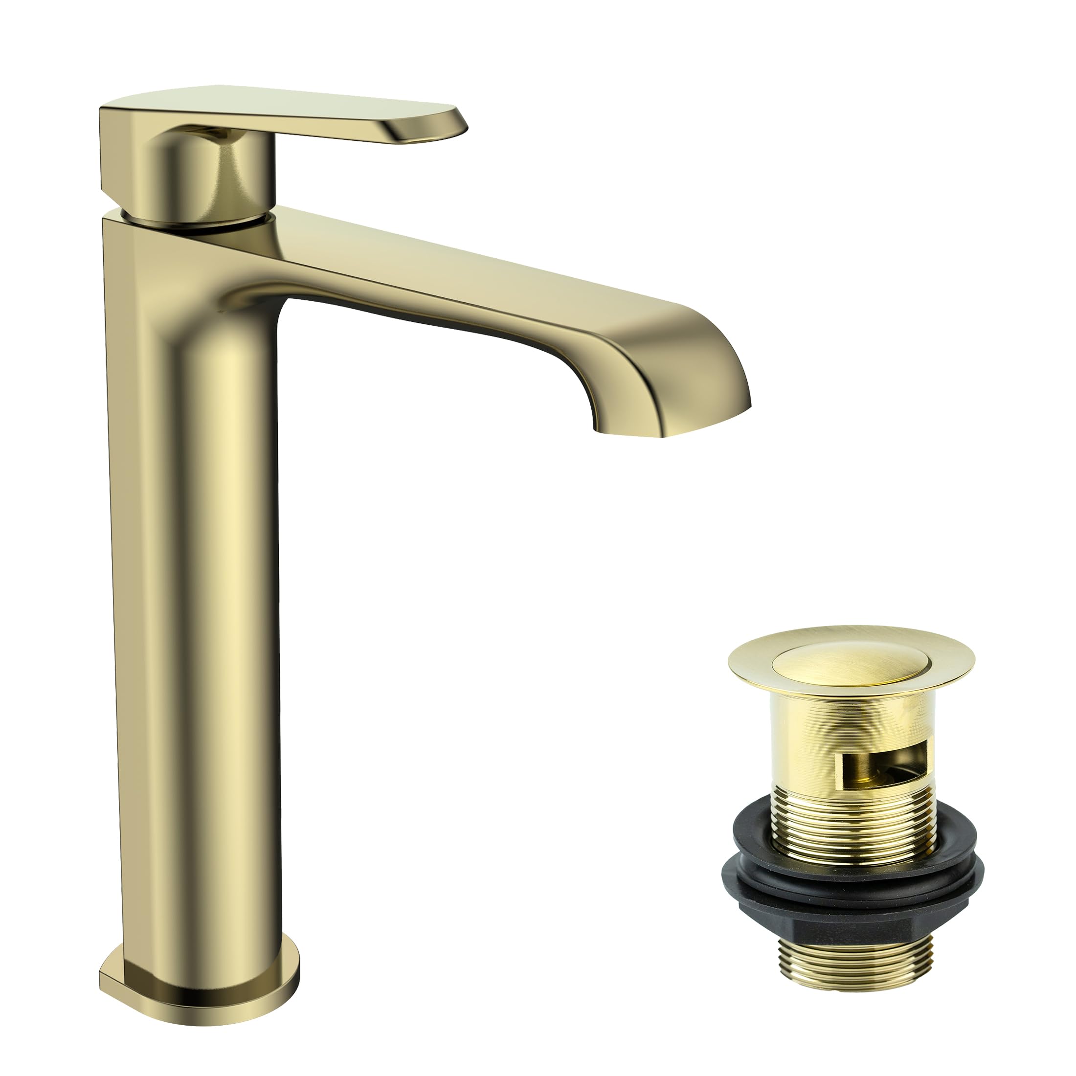 Lunaris Brushed Brass Tall Mono Basin Mixer Tap Deck Mounted with Slotted Basin Waste