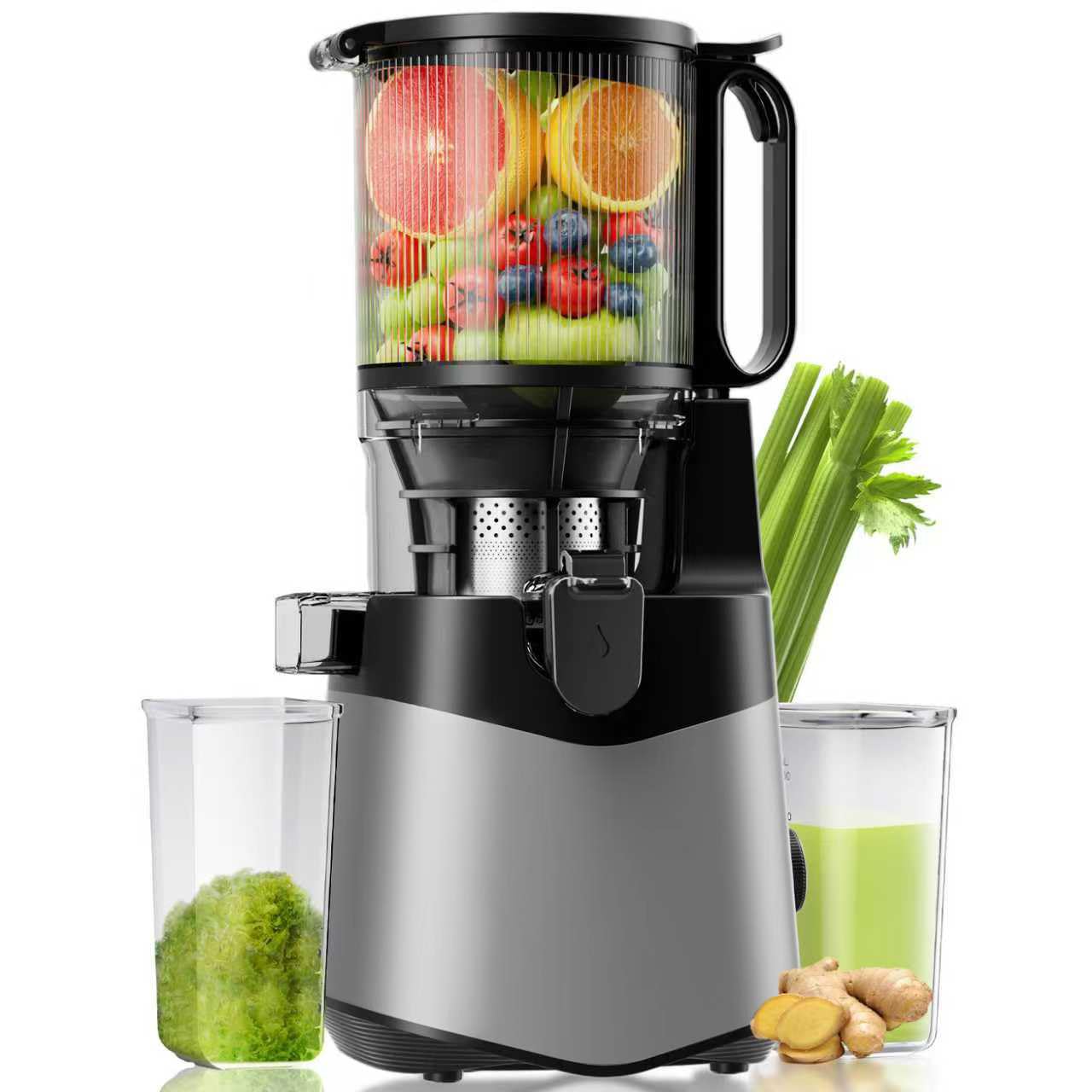 Cold Press Juicer, 5.8" Wide Feed Chute, Supports Fruit & Vegetable,High Juice Yield & Easy to Clean, Extractor Machine with 400W, Black GrayGlobal Recycled StandardGlobal Recycled StandardGlobal Recycled Standard
