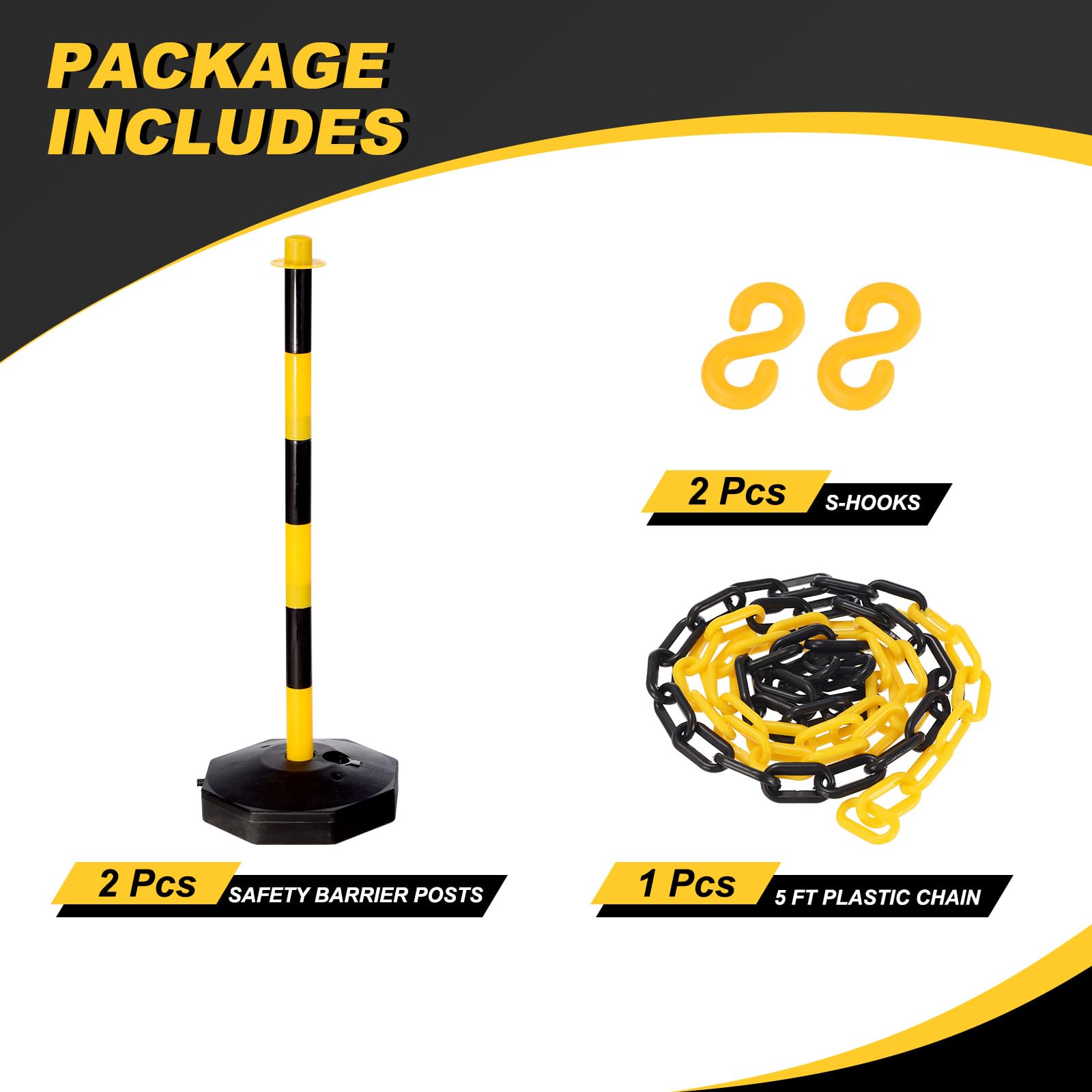 PATIKIL 2 Piezas Poste Delineador De Tráfico con Base Rellenable, Barreras De Seguridad De Cadena Plástica De 5 Pies para Estacionamiento En Construcción Control, Negro/Amarillo