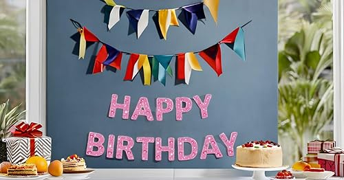 Miniatura 8 de Cartel rosa de feliz cumpleaños, decoración de fiesta de cumpleaños con purpurina, guirnalda de banderines para niñas o mujeres