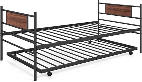 Miniatura 8 de Giantex Sofá cama de metal con nido, cama de día tamaño individual con cabecera de grano de madera y soporte de listones de metal, sofá cama nido