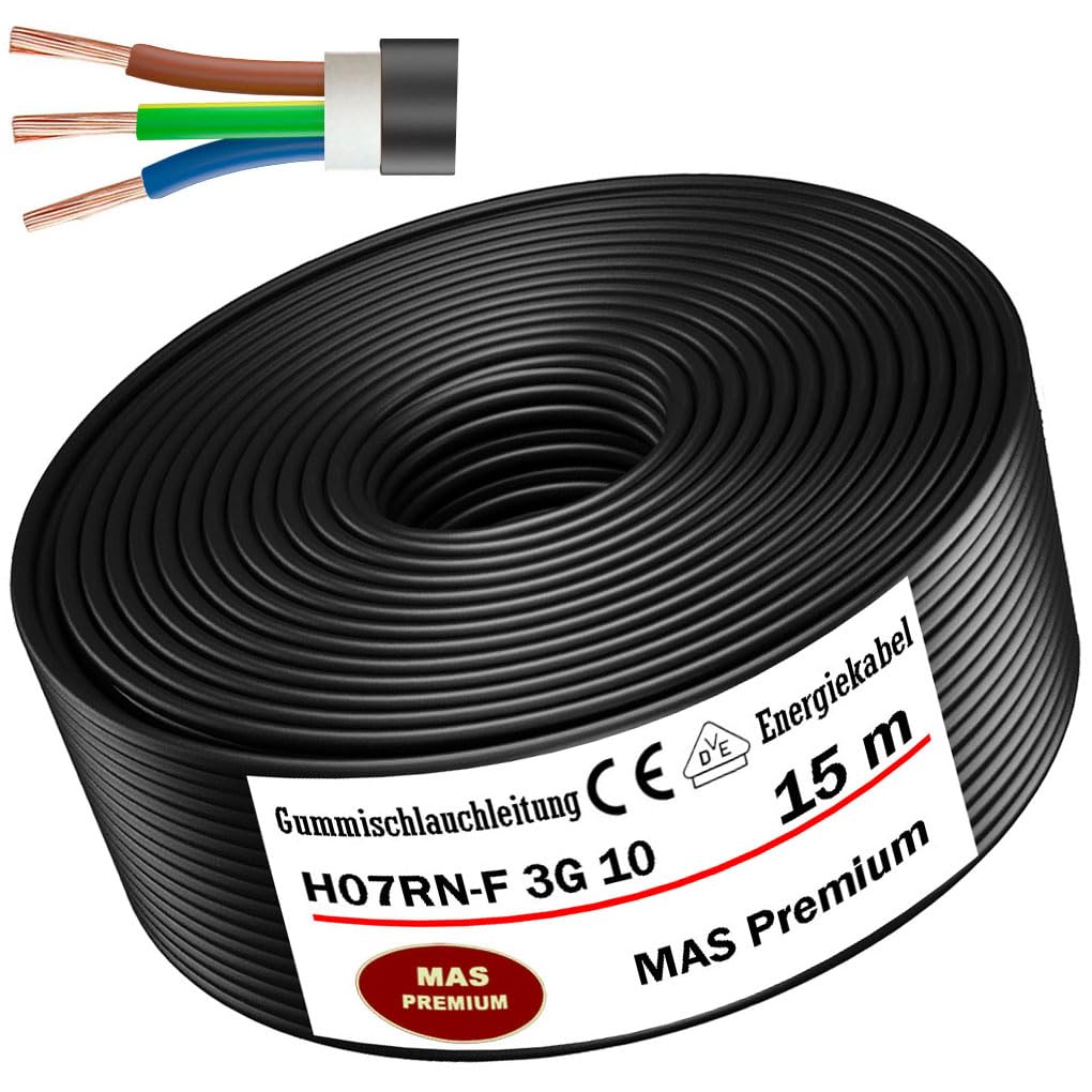 MAS Premium 5-100m Gummischlauchleitung Energiekabel Baustellenkabel H07RN-F 3G 1, 3G 1,5, 3G 2,5, 3G 4, 3G 6, 3G 10 oder 3x 1,5 Flexibel Leitung für schweren Geräten (H07RN-F 3G10 mm², 15m)
