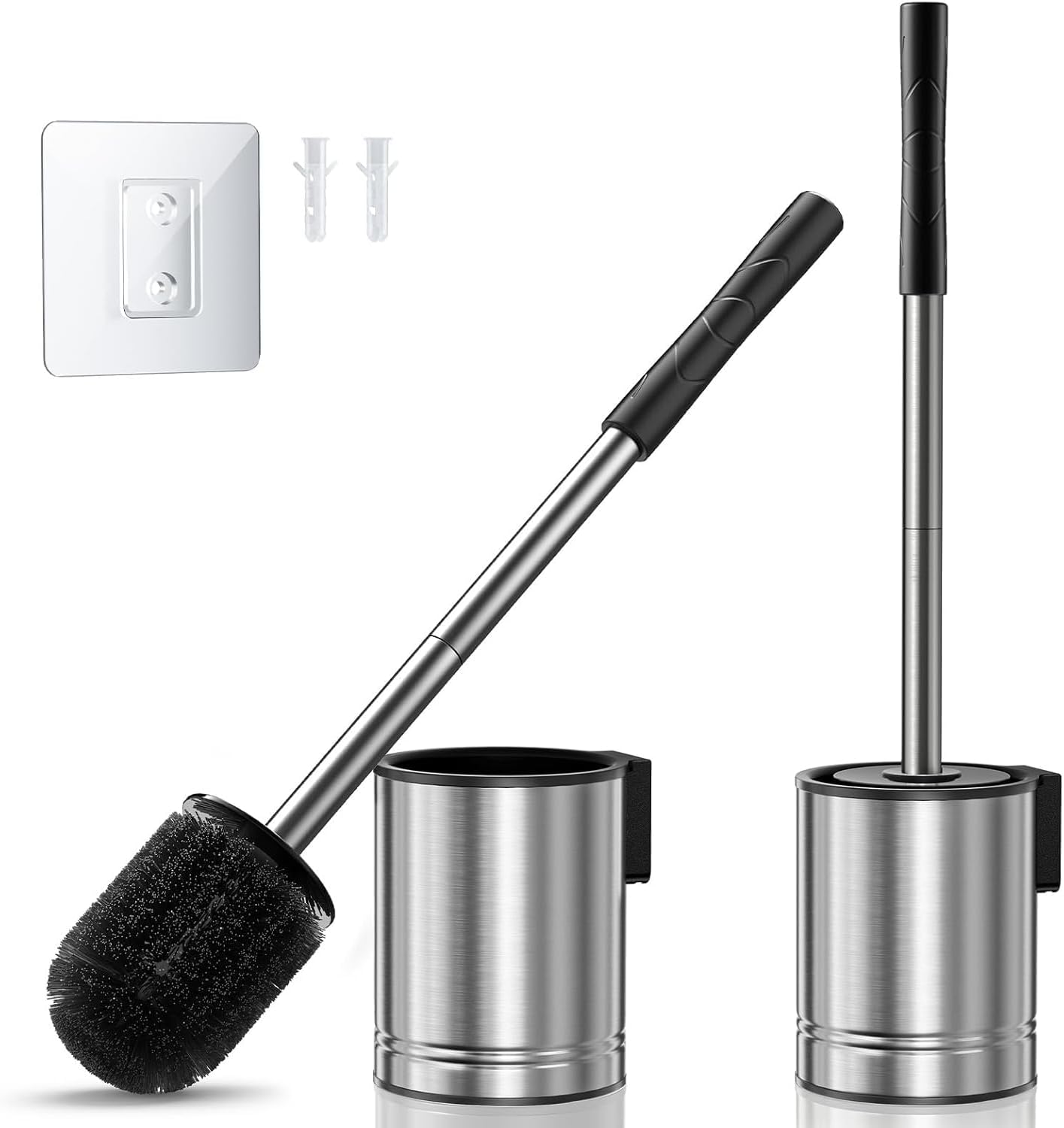 HAMITOR Toilet Brush and Holder Set: Bathroom Wall-Mounted Stainless Steel Toilet Bowl Cleaner Brush – Durable and Space-Saving Bathroom Accessories for Small Homeowners & Renters - Silver, 2 Pack