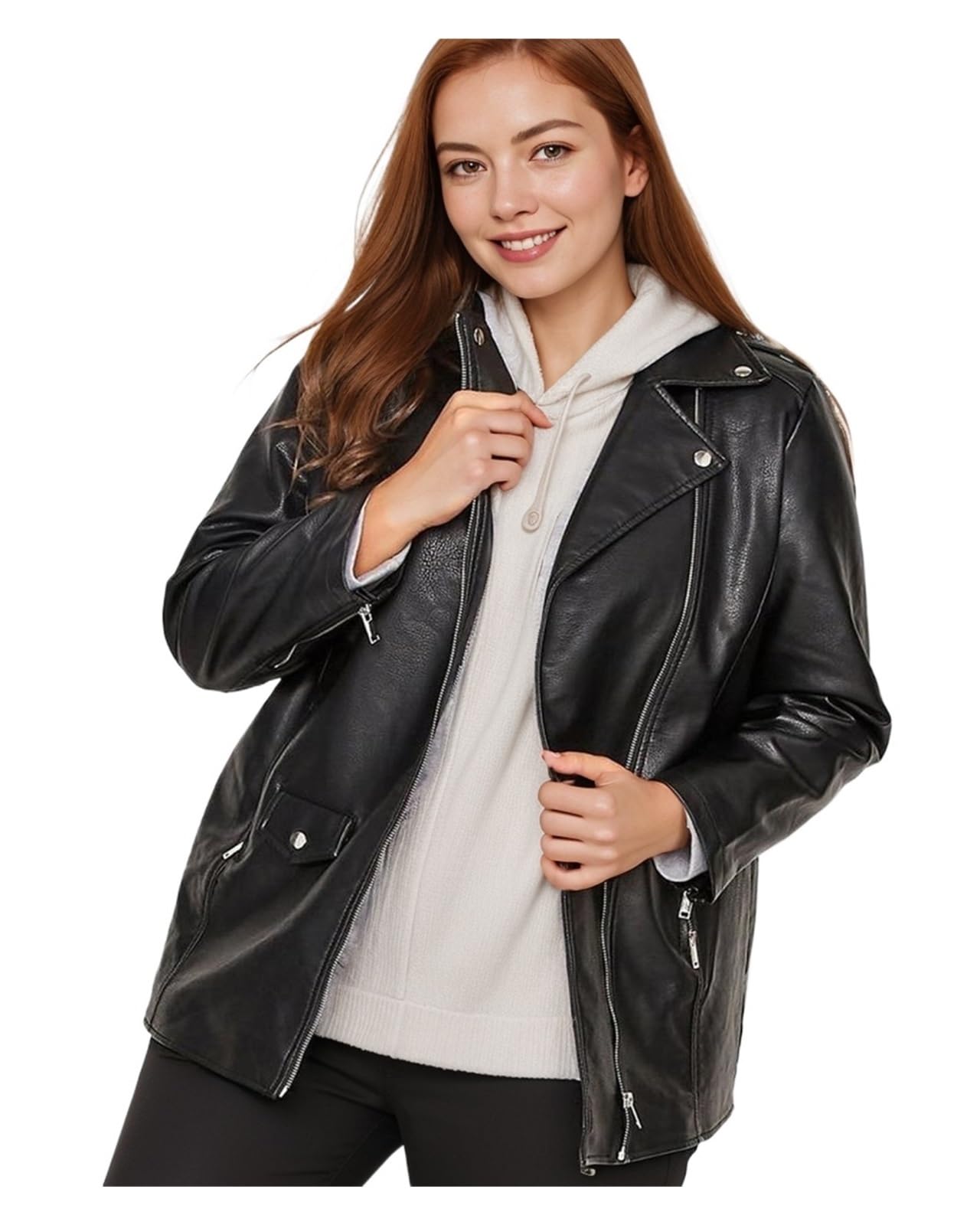 Chaqueta Cuero Mujer PU Leather Zipper Jacket Casual Long Sleeve Lapel Para salir