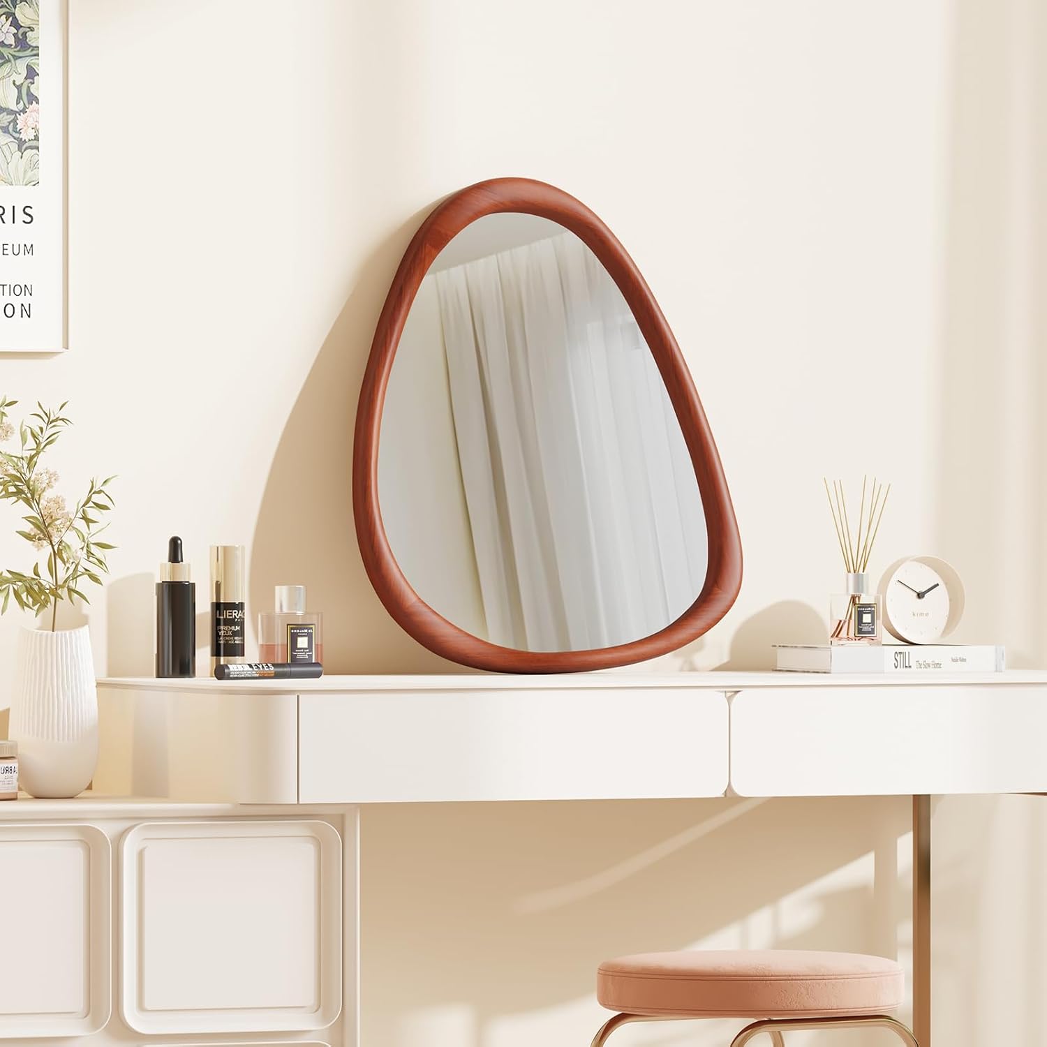 ZHUNFA Triangular Wall Mirror, 28×34 Inches Hanging Wood Frame, Versatile for Bathroom Decor, Vanity Mirror,and Abstract Wall Art for Living Room, Walnut.