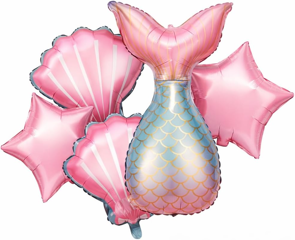 Wanna Party Mermaid Theme Party Foil Balloon Set Pack of 5 | Supershape Mermaid Tail with Pink Star & Shell Foil Balloons for Birthday Decoration