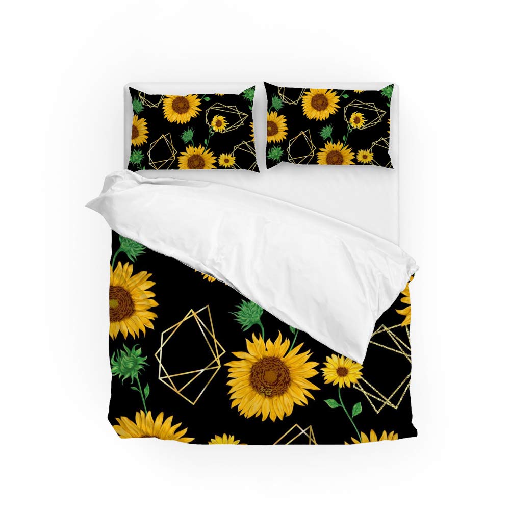 Parure de lit 3 pièces motif tournesols en polyester double face avec housse