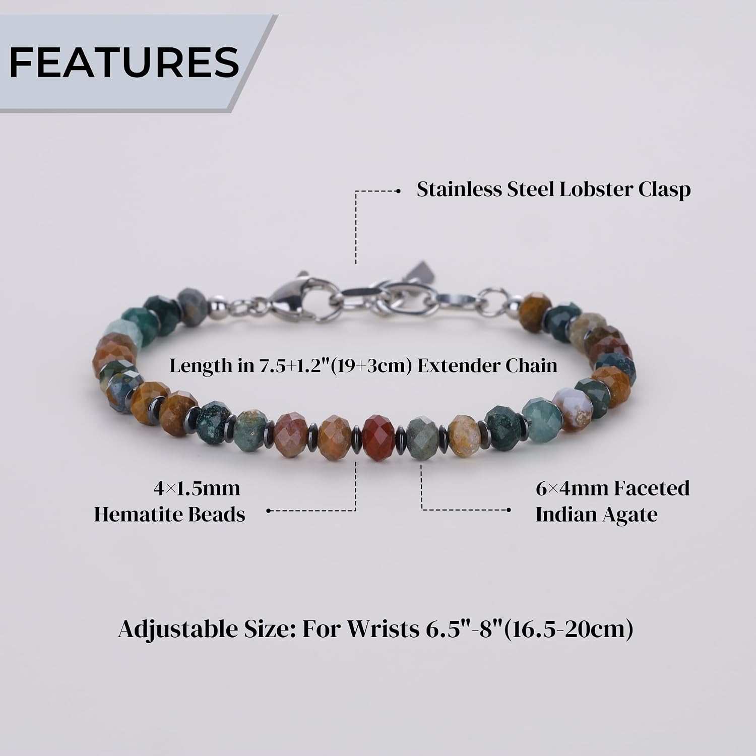 COAI Crystal Beads Bracelet for Men, Faceted Natural Gemstone Bracelet for Men, Hematite African Turquoise/Indian Agate/Ocean Jasper