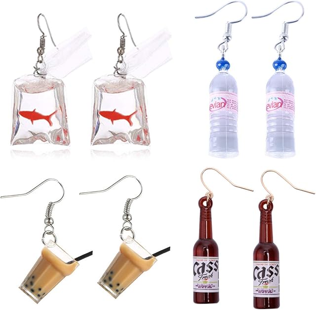 PPX 4 Pairs Funny Acrylic Goldfish and Water Bottle and Cute Pearl Milk Tea Dangle Earrings and Beer Bottle Dangle Earrings, Water Bag Shape Dangle Hook Earrings for Girls Women Bohemian Unique