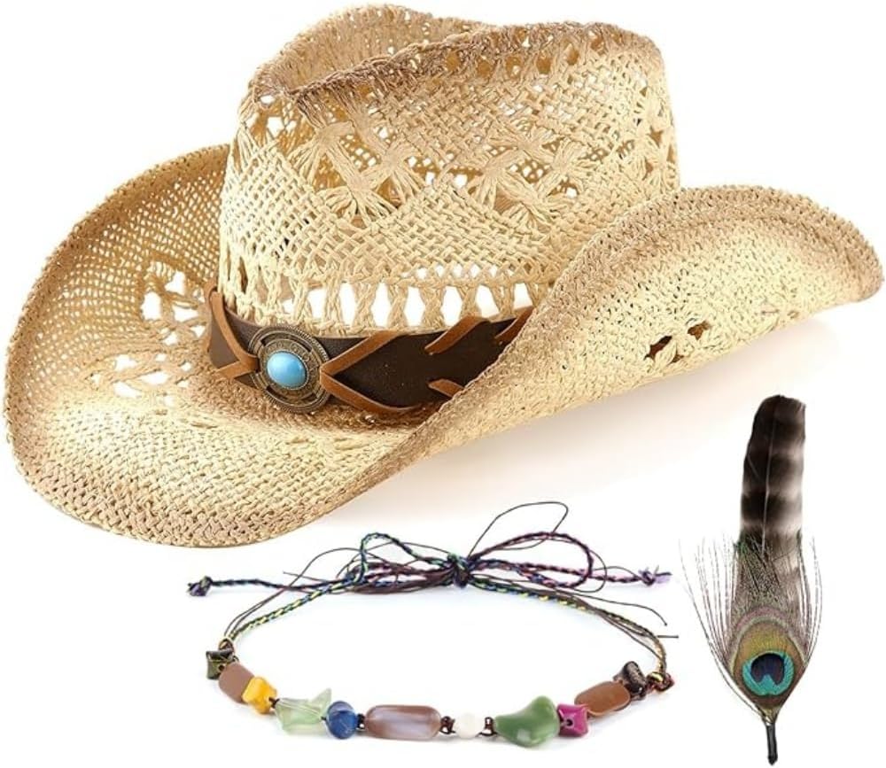 Men's Women's Western Straw Cowboy Hat,Cowgirl Hat with Two Decorative Bands,Shapeable Brim Woven Sun Hat