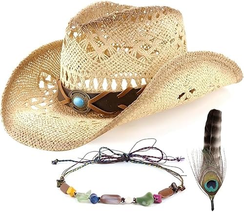 Sombrero de vaquero de paja occidental para hombre y mujer, sombrero de vaquera con dos bandas decorativas, sombrero de sol tejido de ala moldeable