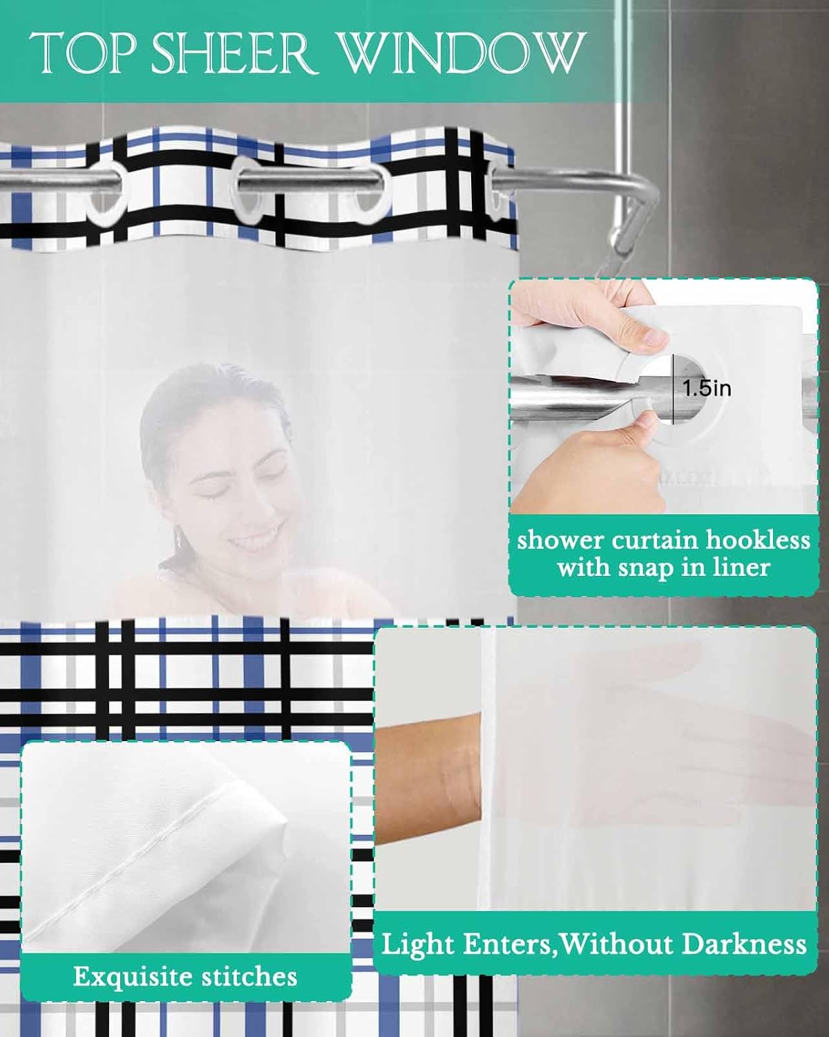 Smile Sunflower No Hooks Shower Curtain Liner Set, Abstract Stripes Blue Black Grey Plaid Waterproof Shower Curtains with Magnets, Top See Through Window Washable Rustic Shower Curtain 72"x78"