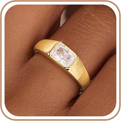 Birthstone Gold Rings for Women Non Tarnish 14K Gold Plated Chunky Emerald Rings Thumb Signet Statement Dainty CZ Band Ring Unique Waterproof Cute Jewelry Gift for Birthday Size 6-10
