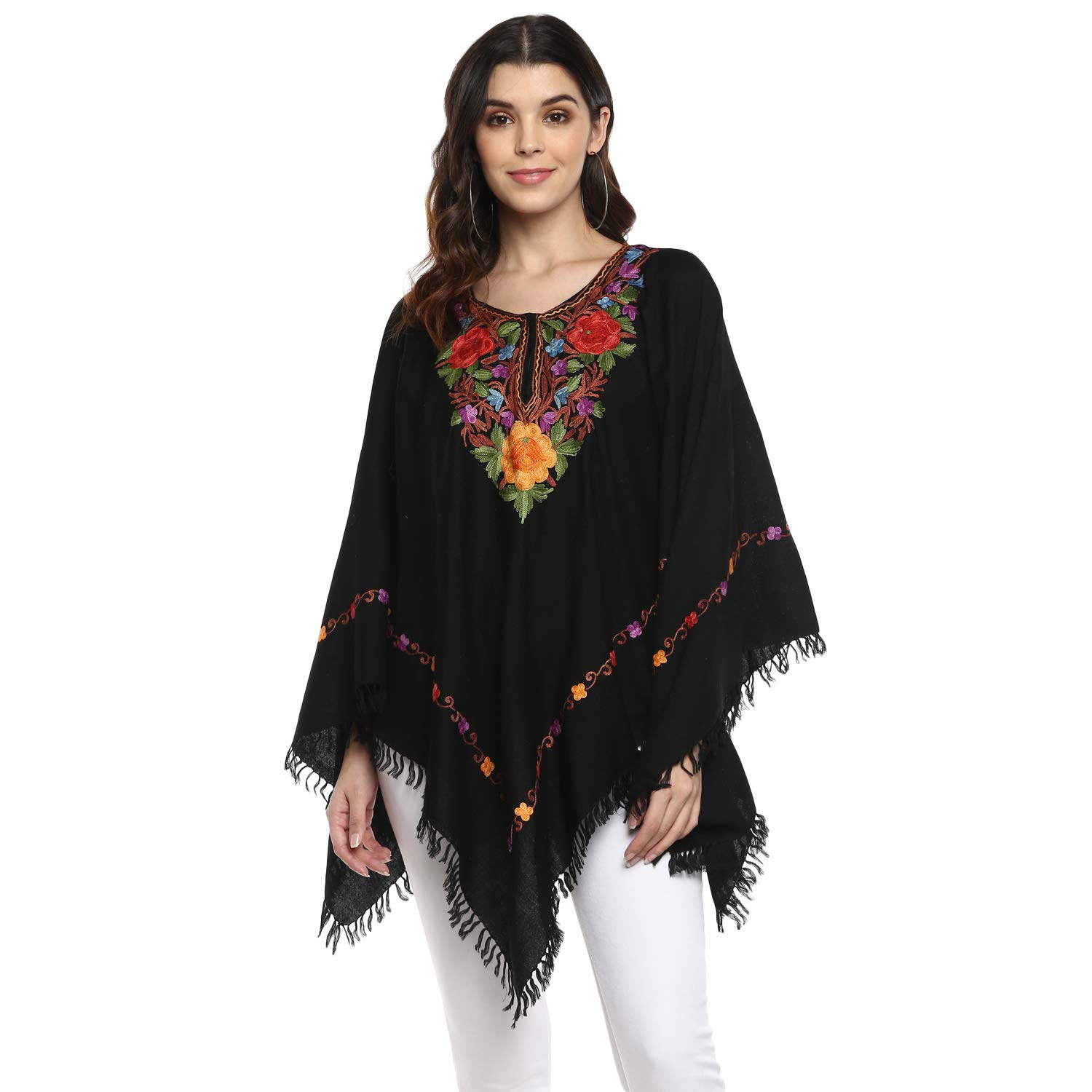 craftbazar Women's Kashmiri Embroidered Woollen Poncho 3 roses (Black; Free Size)-picture-25