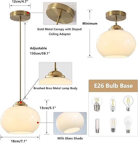 Miniatura 2 de KCO Iluminación de 1 luz colgante de globo de mediados de siglo, moderna iluminación colgante de vidrio blanco, lámpara colgante de latón cepillado,