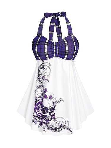 ROSE GAL Womens Plus Size Curve Halter Plaid Skull Print Backless Gothic Modest Tankini Swimsuit Set - Purple_1 - Large Plus