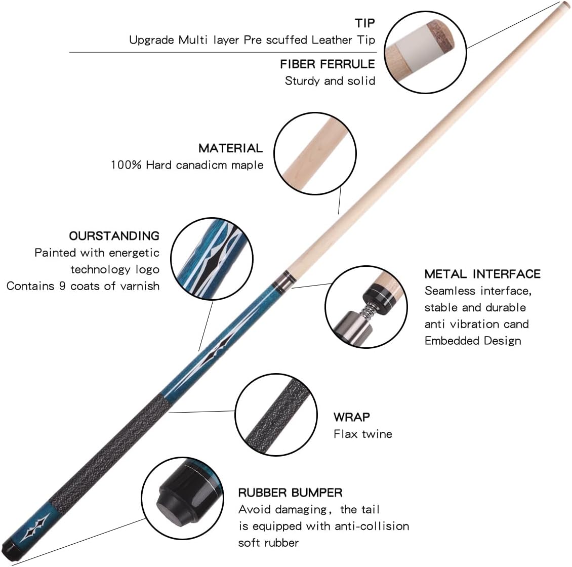 58 Inch 19oz/20oz Maple Billiard Stick Pool Cue Set 13mm Tip, Hardwood Canadian Maple Professional Billiard Pool Cue Stick