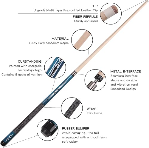 Miniatura 2 de Juego de taco de billar de arce de 58 pulgadas, 19 oz20 onzas, punta de 0.512 in, palo de billar profesional de madera dura de arce canadiense
