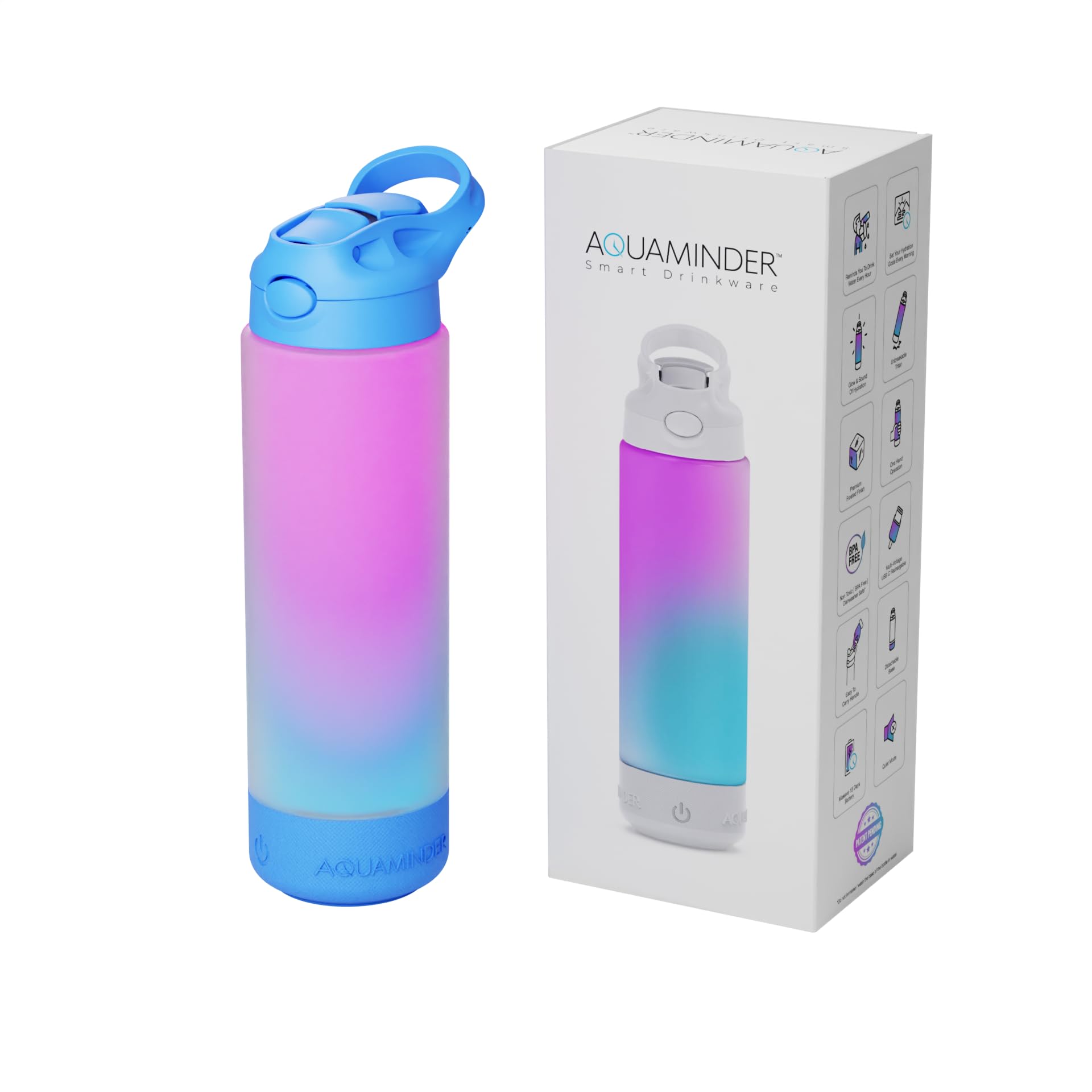 Aquaminder Water Bottle Glows & Beeps to Remind You to Drink More 770 ml Sipper Bottle For Adults and Kids Easy Grip Frosted Tritan Plastic Home Gym Office Yoga (Blue)