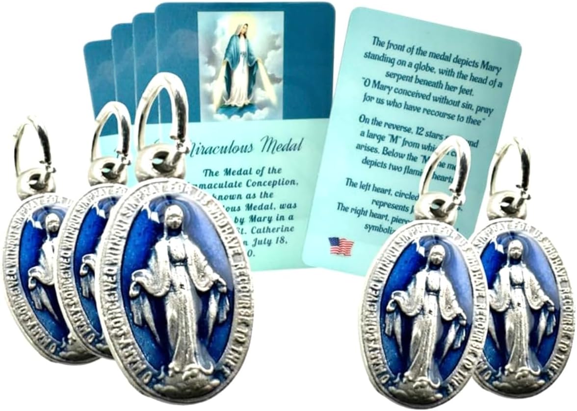 Westmon Works Miraculous Medal Set Mini Mary Italian Metal Medallion Bundle with Laminated Saint Prayer Holy Cards, Set of 5