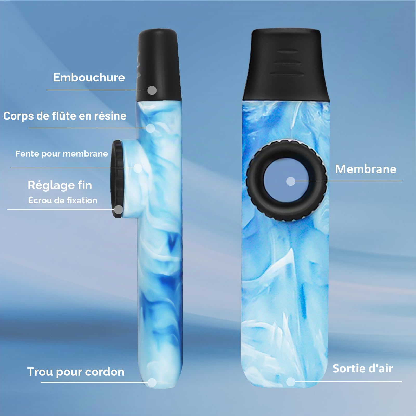 Kazoo Style Jade le Plus Récent, Ton Ajustable Kazoo Professionnel en Résine ABS avec Cinq Membranes de Flûte et Sangle pour Enfants, Adultes et Passionnés de Musique