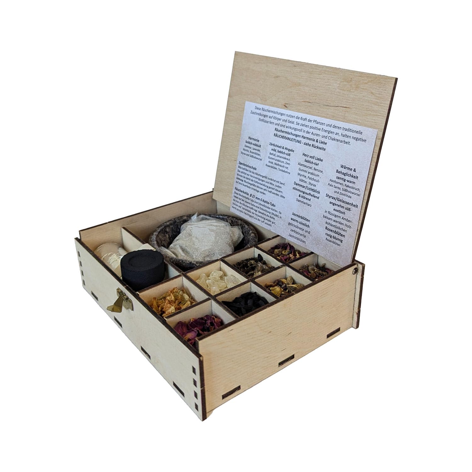 Räuchern Starter Set 12-TLG Zubehör für Anfänger, auch für Weihrauch geeignet + 7 cm Räucherschale + Räucherkohle + Räuchersand + Anleitung + 8 Verschiedene Räucherungen für Harmonie und Liebe