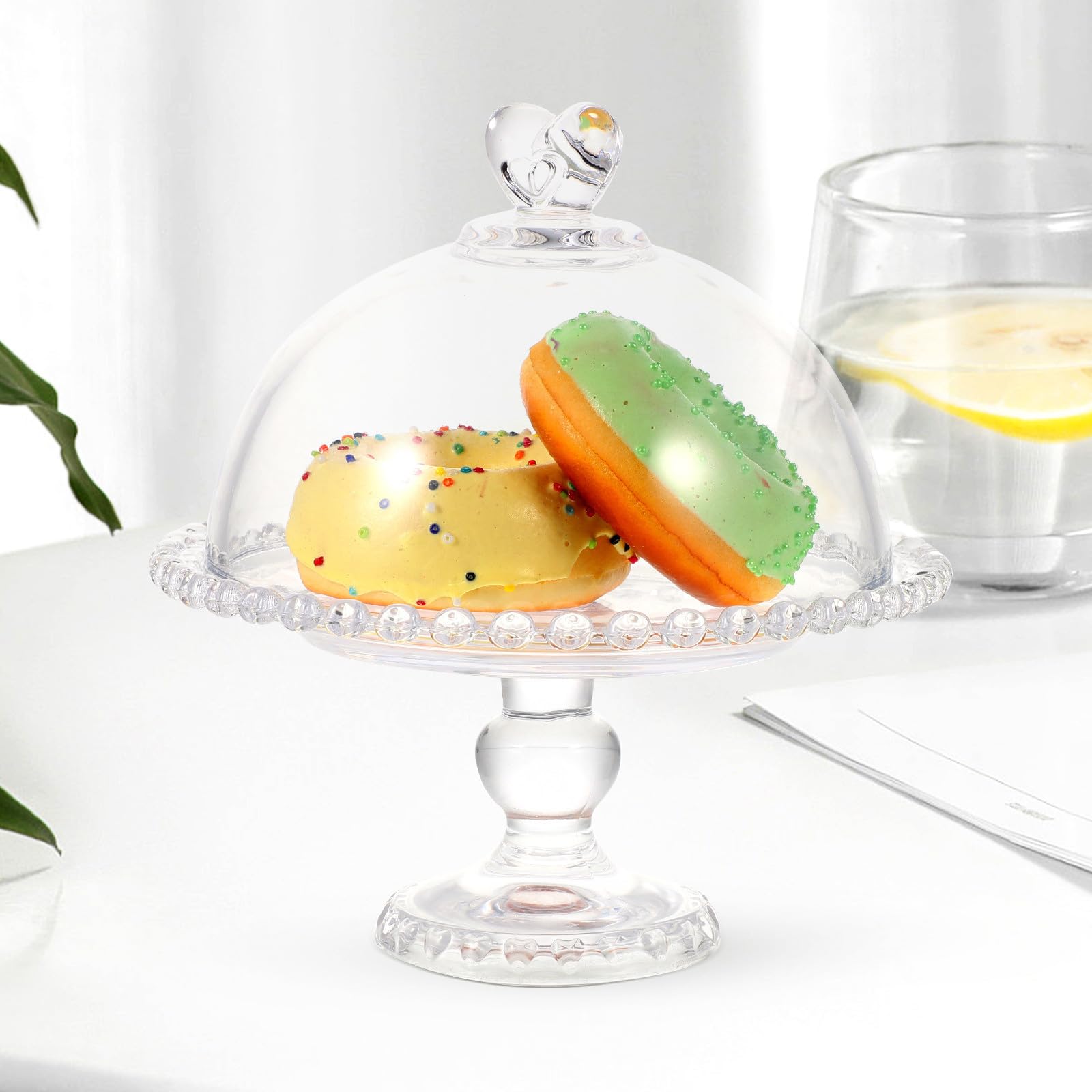 POPETPOP Cúpula de Pastel Pequeña de Vidrio Transparente Asa y Tapa Protectora para Mantener la Frescura de Alimentos y Verduras, Bandeja de Postres Hogar