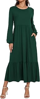 Women's Casual Long Sleeve Midi Dress 2025 Summer Crewneck Loose Fit Lounge Dresses with Pockets - Buy now