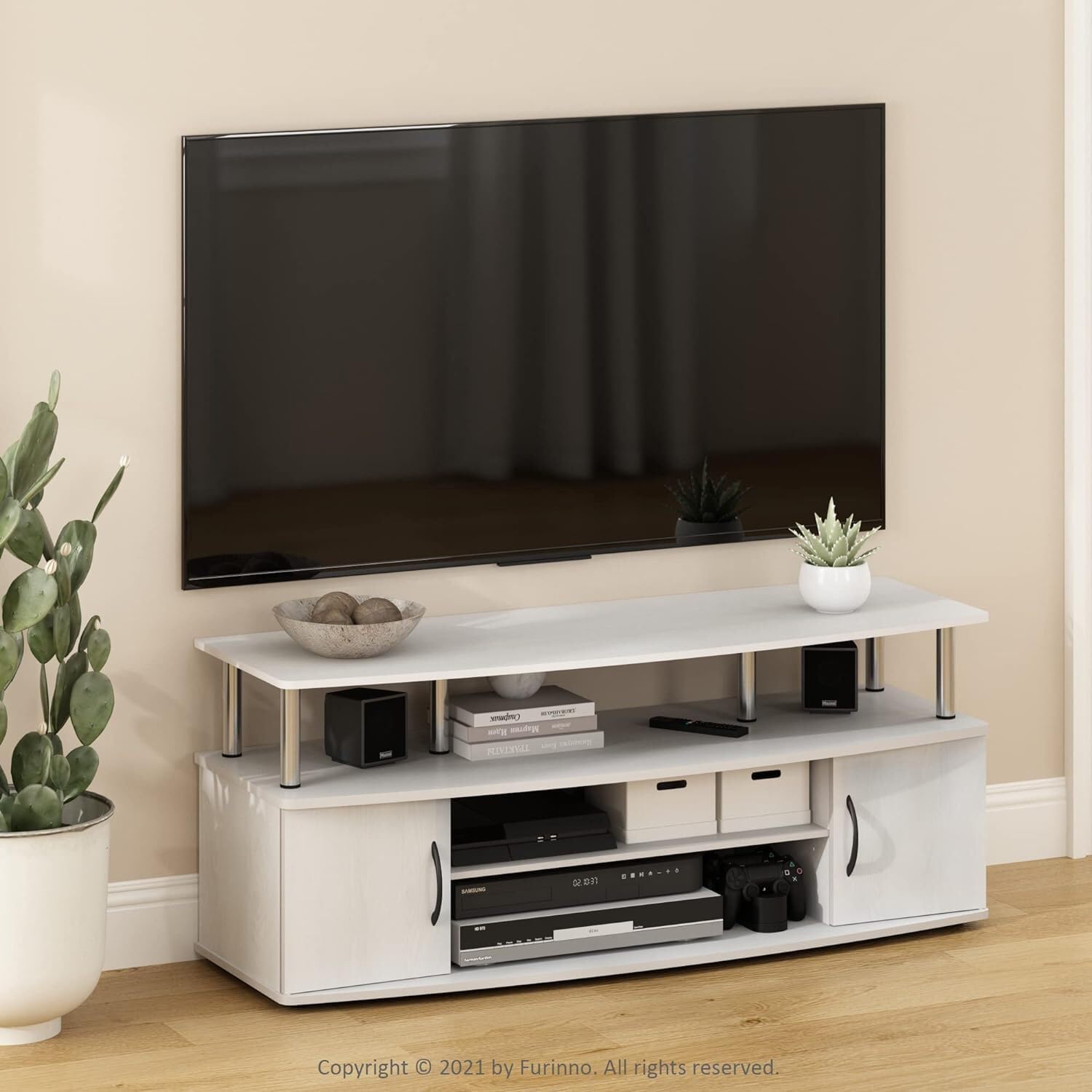 HomeStock Large Entertainment Center, Columbia Walnut/Black - 47.24" W x 19.53" H x 15.87" D, Holds Up to 55" TV, Eco-Friendly Design White Oak/Stainless Steel