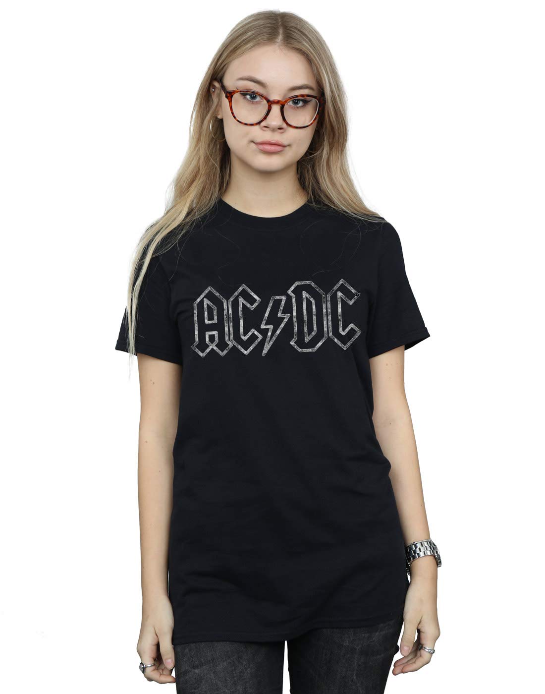 Absolute Cult Women's Black Ac/Dc Jagged Logo Boyfriend Fit T-Shirt Medium