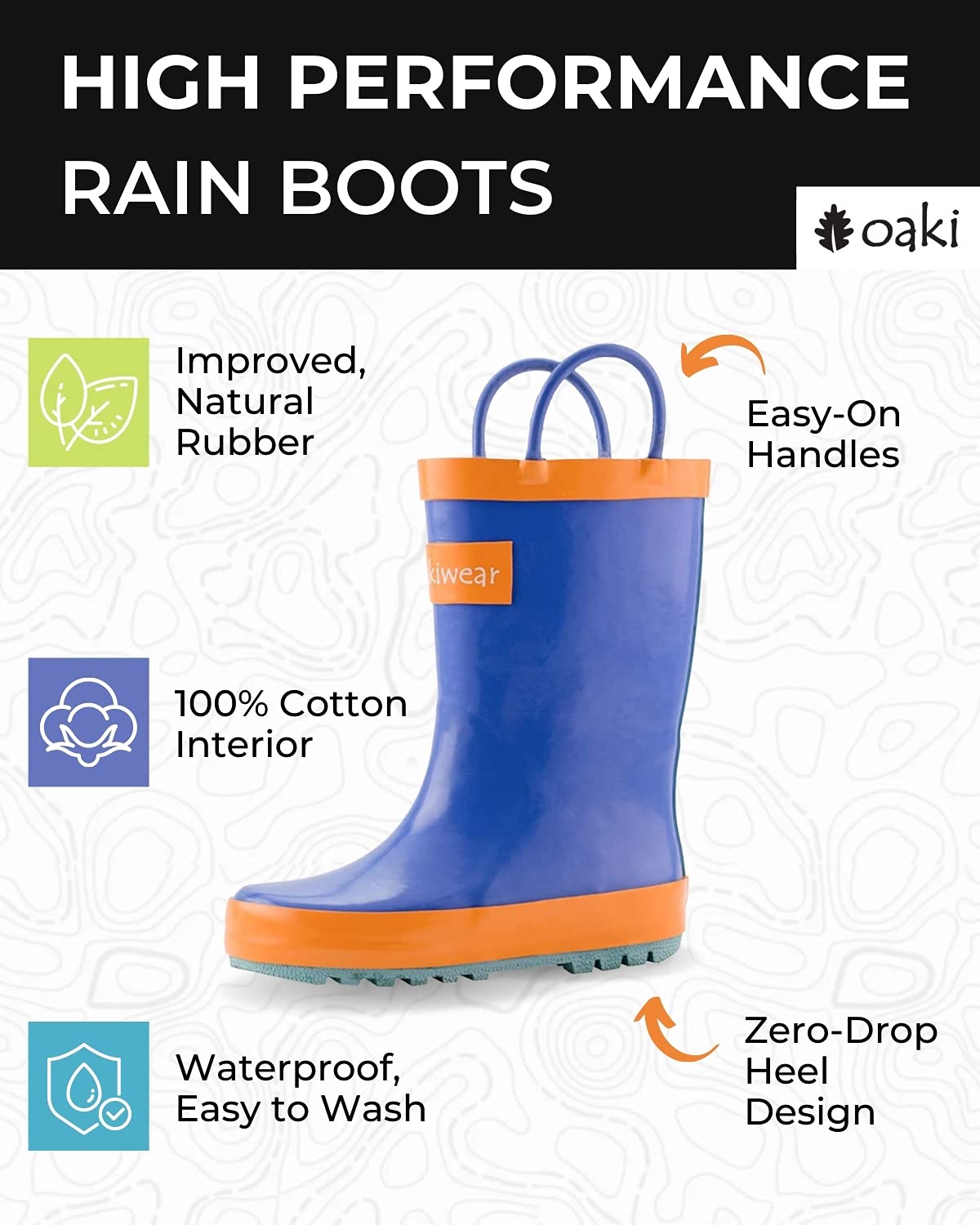 OAKI Toddler Rain Boots – Lightweight Waterproof Rubber Boots for Kids with Easy-On Handles – Durable Kids Outdoor Footwear, Blue, Orange & Aqua, 2 Little Kid